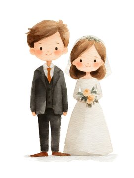 A charming watercolor illustration depicts a happy bride and groom dressed in elegant wedding attire standing together.
