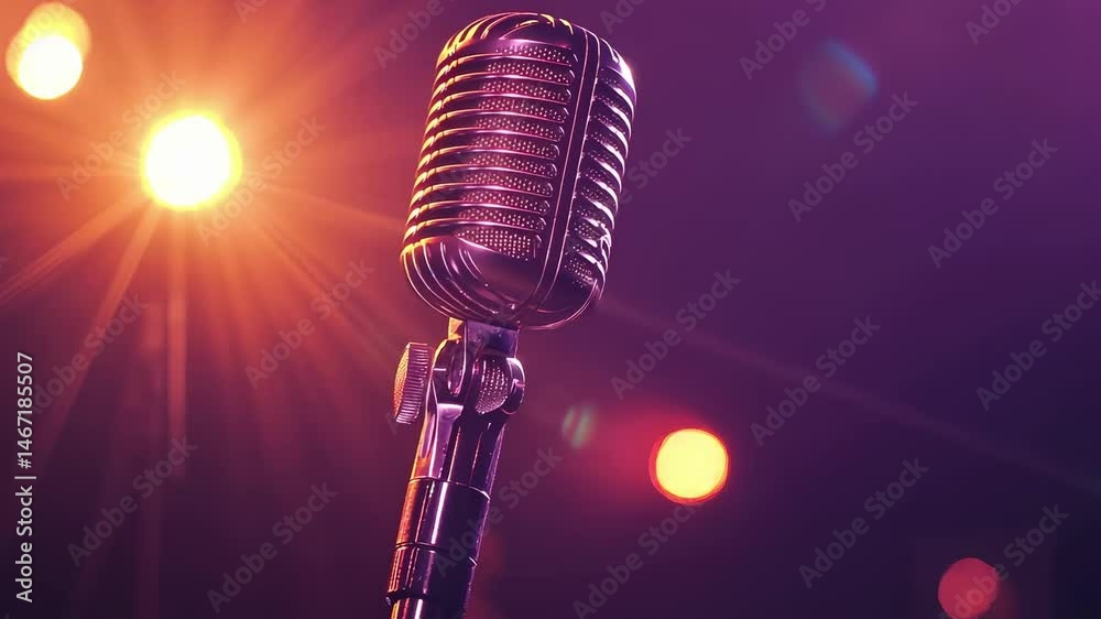 Poster classic microphone stands ready for a singer, comedian, or speaker to use on a small round wooden ta