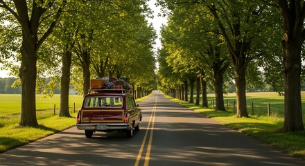 Obraz premium Vintage car driving down tree lined road