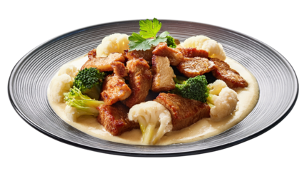 A beautifully plated meal featuring an assortment of vegetables and meat. The dish showcases a variety of colors and textures, with the meat being the focal point.