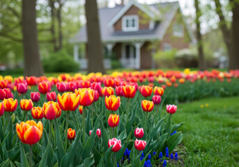 Fototapeta premium Vibrant Red and Yellow Tulips Blooming in Front of a Suburban Home