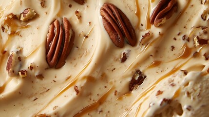 43. Close-up of caramel pecan ice cream with chunks of pecans and caramel ribbons