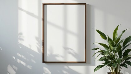 Empty Wooden Frame on Wall With Plant Casting Shadows in Natural Light From Window