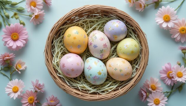 Colorful Decorative Eggs in a Woven Basket Surrounded by Spring Flowers and Green Grass