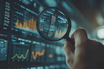 Hand-holding magnifying glass to view charts, graphs, data, and business and financial analysis.