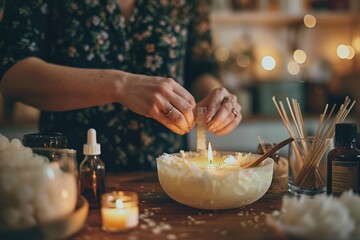 The picture shows detailed about artisan working in candle workshop. Skillful artist create aroma candle artwork by wax material. Crafting handmade art with artistic tools and creativity idea. AIG61.