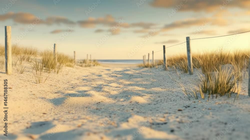 Poster low angle view of a sandy path leading to the beach at sunset, with dune grass and a wooden fence bo