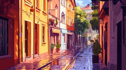 Obraz premium Sunlit cobblestone street in a charming European town after a rain shower.