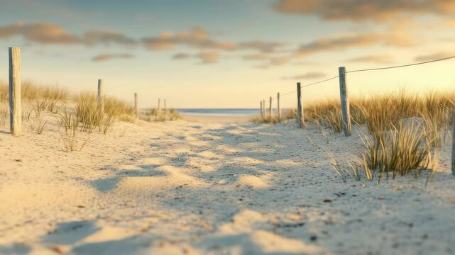 Low angle view of a sandy path leading to the beach at sunset, with dune grass and a wooden fence bordering the path, creating a serene and inviting coastal scene