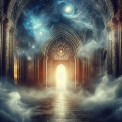 Fototapeta premium Mysterious ethereal corridor leading to a bright portal amidst swirling clouds