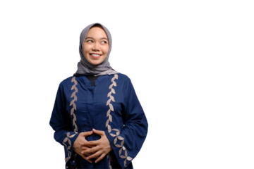 Portrait of young Asian Muslim woman keeping both hands on belly, feeling hungry and wanting to eat delicious isolated on transparent background