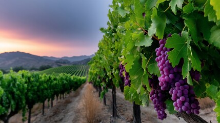Naklejka premium Lush vineyard rows at sunset