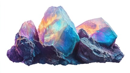 Obraz premium Iridescent gemstone cluster on dark rock, isolated on white.
