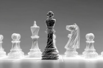A black king stands prominently in the center, surrounded by white pawns and pieces, reflecting a tense chess match in a sleek, modern setting. Strategy is palpable in the air.