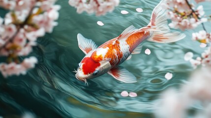 Koi fish swimming beneath cherry blossom petals