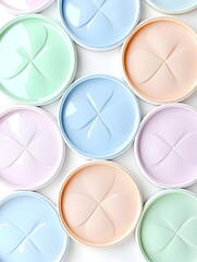 Pastel-colored round objects with four-leaf clover design