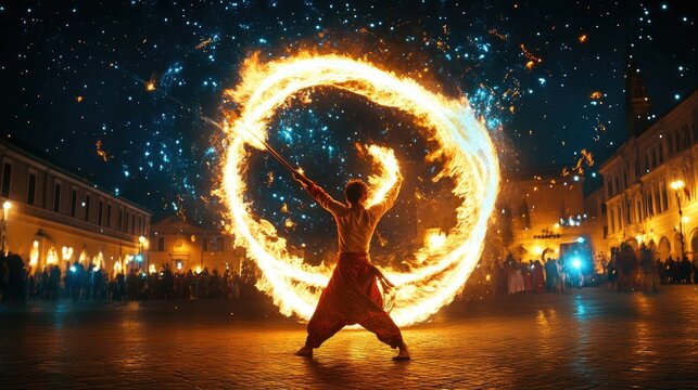 Fire performer spins flaming circle, night spectacle.