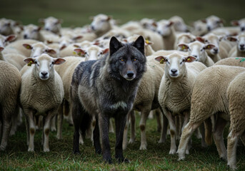 Fototapeta premium Lone Black Wolf Confronts a Flock of Sheep in a Lush Green Pasture