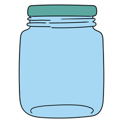 Hand drawn cartoon empty closed blue glass jar on white background.