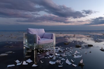 A captivating scene featuring a transparent chair afloat in a serene landscape, symbolizing isolation, reflection, and the beauty of nature and human creativity.