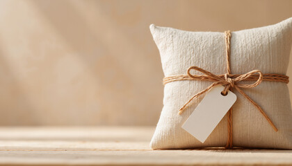 A small cream-colored decorative pillow tied with jute string sits on a wooden surface, softly illuminated, creating a cozy and warm atmosphere