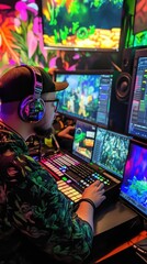 Person edits video, surrounded by screens, colorful lights.