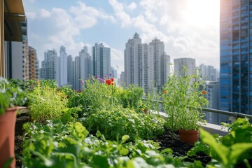 Fototapeta premium Rooftop garden with city view offers urban oasis.