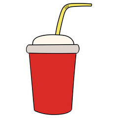 Hand drawn cartoon red disposable paper cup with straw on white background.