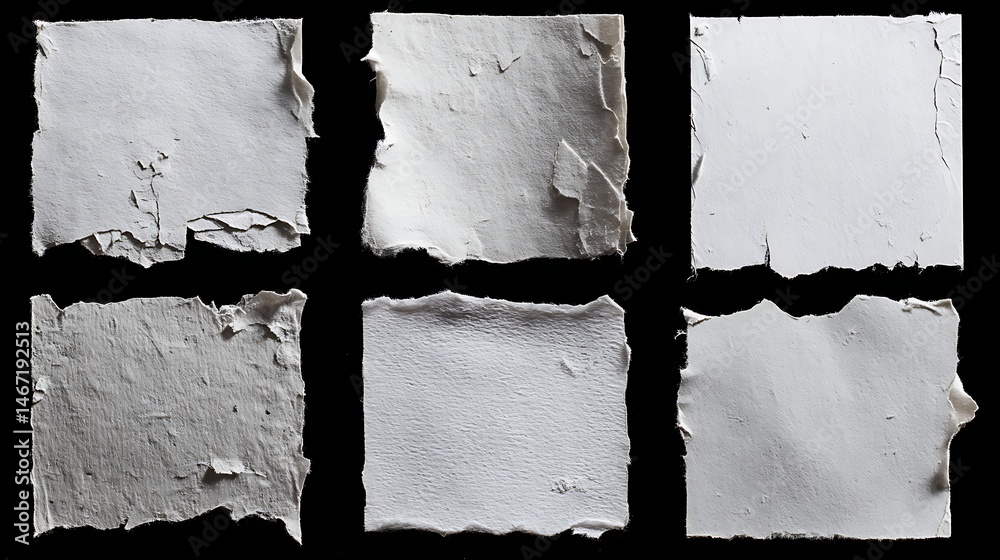 Poster Six torn paper sheets on black background displaying unique edges
