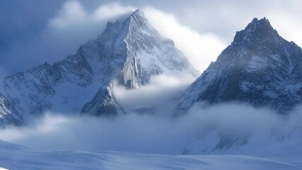 Snowy mountain peaks rise above fog and icy plains under a clear sky, creating a serene landscape with a sense of adventure and natural beauty - Powered by Adobe
