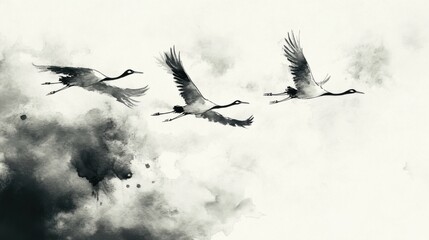 Obraz premium Sumi-e Ink Painting of Cranes Flying Over Water