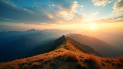 Panoramic view of majestic mountain range under a vibrant sunrise sky, golden grassy hills in foreground, misty peaks fading into tranquil natural beauty.