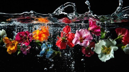 Vibrant flowers in water, dynamic splash, black background.