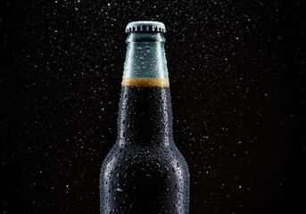 Refreshing Dark Beer Bottle with Water Droplets Against Black Background