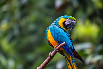 Obraz premium Vibrant Blue and Yellow Macaw Perched on a Tree Branch, Showcasing Its Brilliant Plumage and Majestic Presence in a Tropical Setting, Vibrant Wallpaper