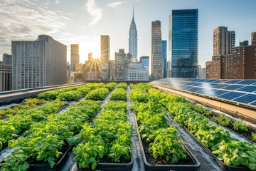 Fototapeta premium Urban rooftop garden with city skyline view at sunrise.