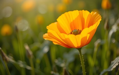 Fototapeta premium Close-Up of a Vibrant California Poppy in Full Bloom with Delicate Petals and Natural Green Background on a Sunny Spring Day