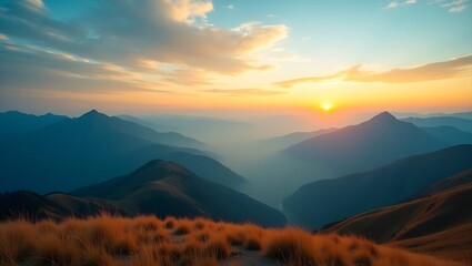 Panoramic view of majestic mountain range under a vibrant sunrise sky, golden grassy hills in foreground, misty peaks fading into tranquil natural beauty.