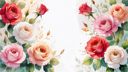 Colorful watercolor roses on white background blank design template
