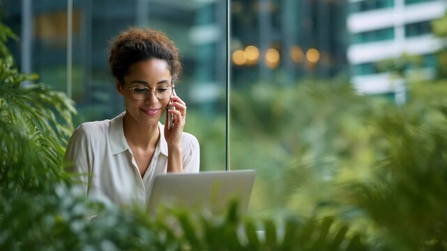 Businesswoman Smiles While Talking on Her Phone and Using Her Laptop in a Modern Office Surrounded by Lush Plants