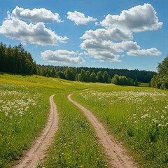 Meadow and dirt road near the forest. Summer landscape with field.