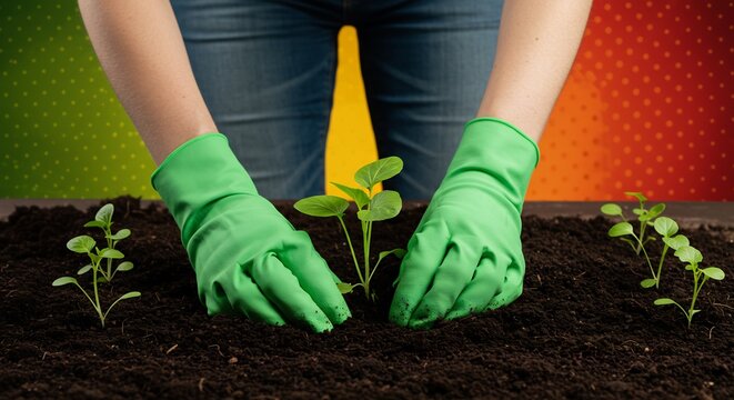Mains plantant jeune pousse terre riche lumiere douce