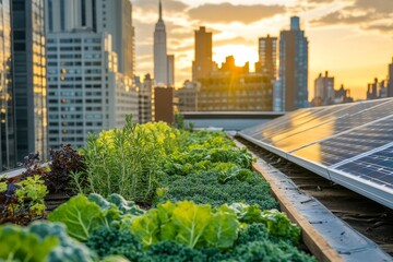 Fototapeta premium Urban rooftop garden with solar panels at sunset.