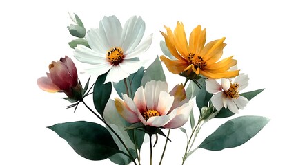 Obraz premium A vibrant bouquet of white and yellow cosmos flowers with green leaves is beautifully arranged against a clean white background.