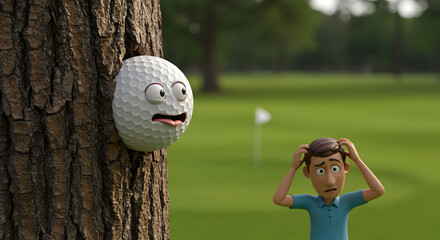 Golf Ball Trouble: Animated Character Stuck in Tree