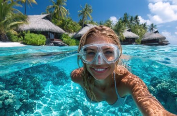 Fototapeta premium A woman wearing goggles and a single-lens snorkel mask is swimming in the clear blue water of an island resort pool
