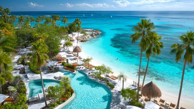 ターコイズブルーの海に面した南国リゾートのラグーンプールとビーチサイド施設の俯瞰景観