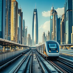 Obraz premium Metro railway among among glass skyscrapers in Dubai. Traffic on street in Dubai. Museum of the Future in Dubai. Cityscape skyline. Urban background.