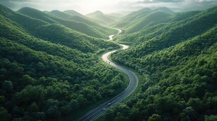 Fototapeta premium Aerial view of a winding road cutting through lush green forests.
