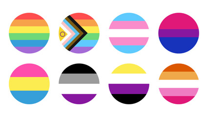 A set of eight circular pride flags featuring various LGBTQIA+ identities including rainbow, progress, trans, bisexual, pansexual, asexual, nonbinary, and lesbian flags